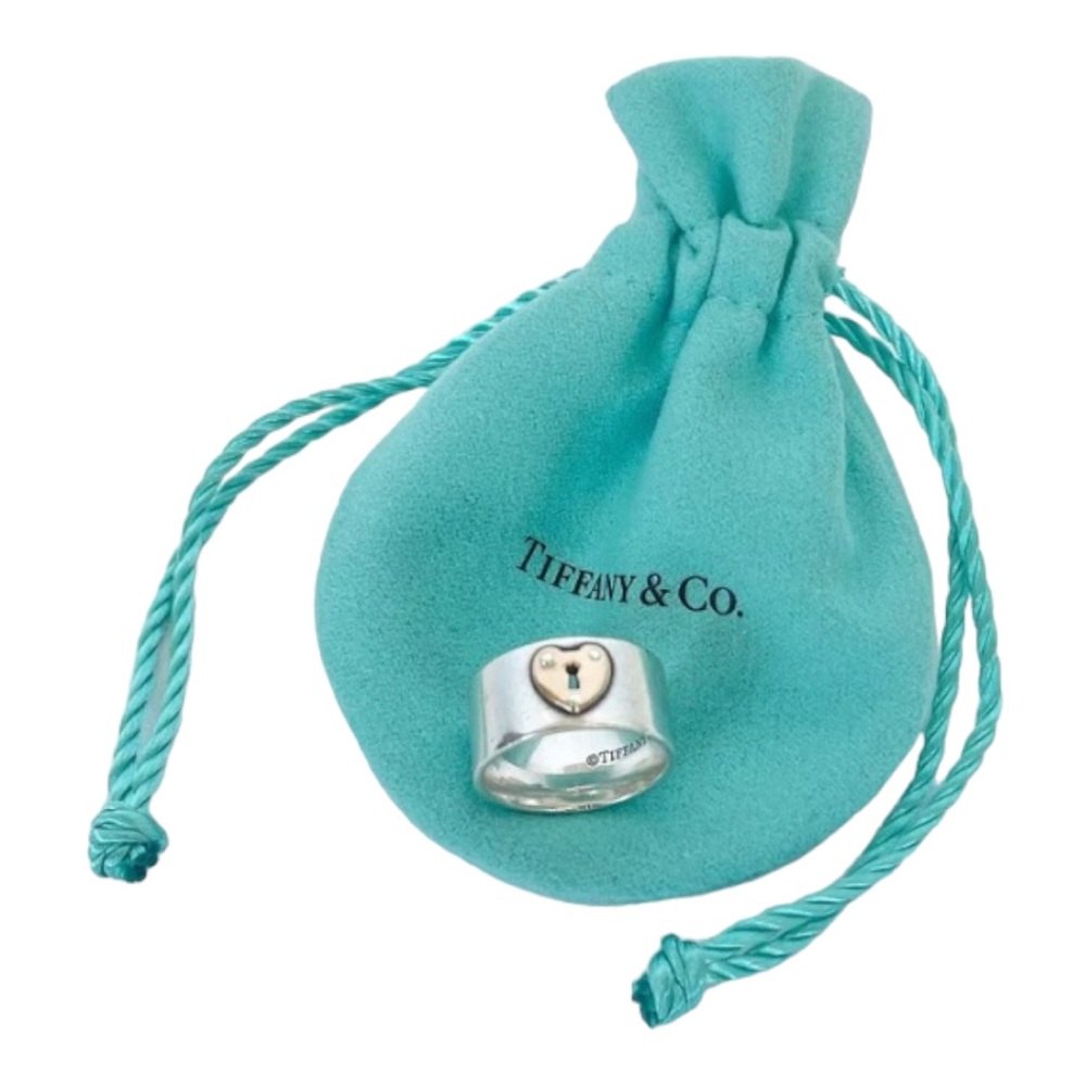 Tiffany & Co. Two Toned Sterling Silver and 18k Gold Ring with Heart Lock
